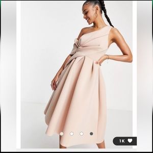 ASOS pink bare shoulder midi velvet dress